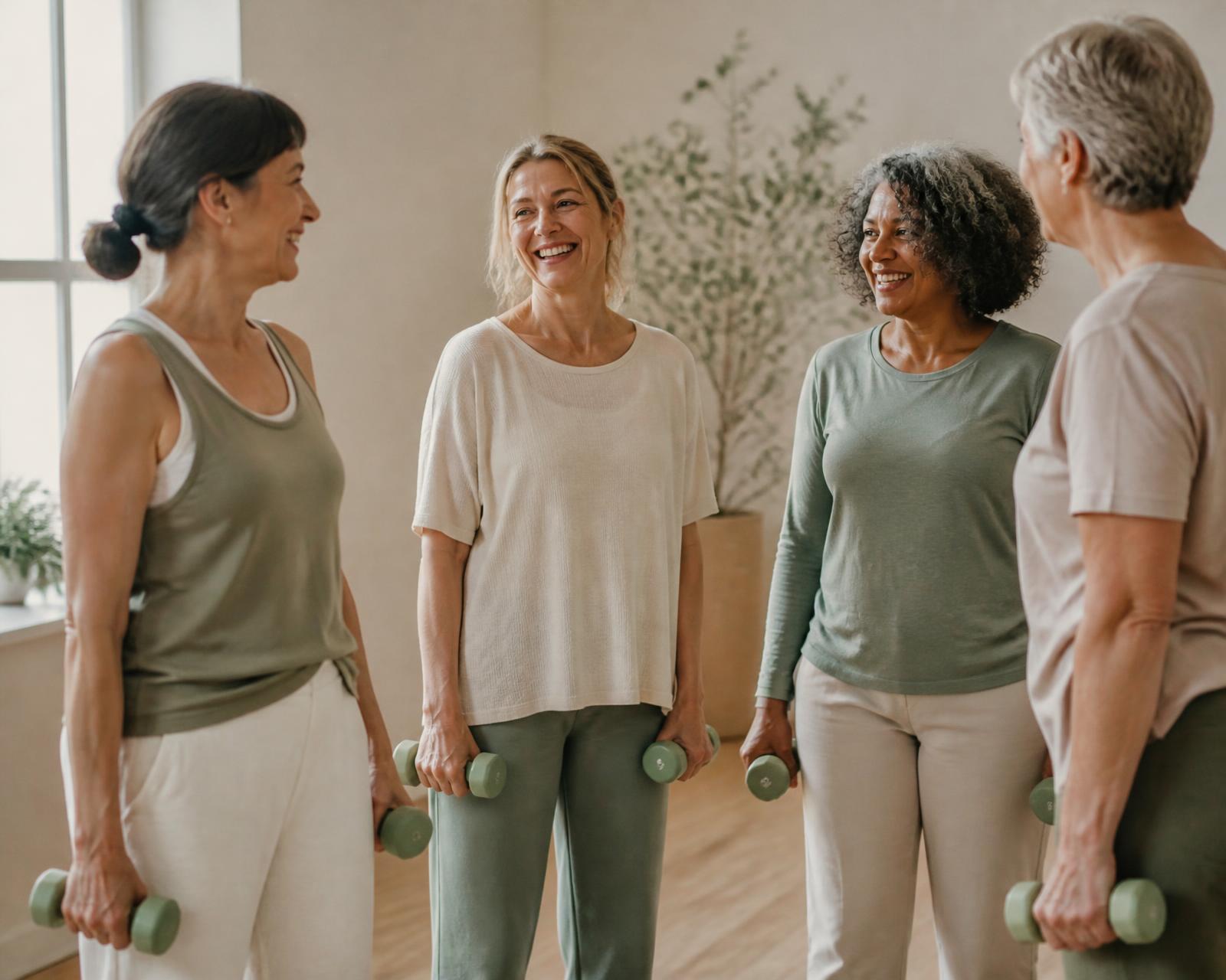 Four women in their forties and fifties standing together with light hand weights in a bright studio, smiling in conversation
